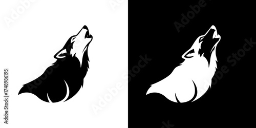 A stylized silhouette of a wolf howling, presented in both black on white and white on black.