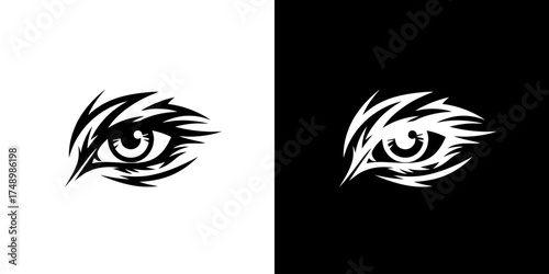 A stylized black and white graphic of an eye with sharp, angular lines suggesting intensity or fierceness, presented on both a white and black background.