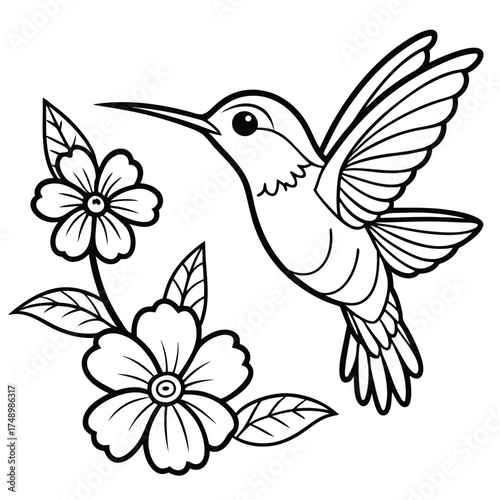 Intricate Coloring Page Depicting a Hummingbird Hovering Near Dainty Flowers