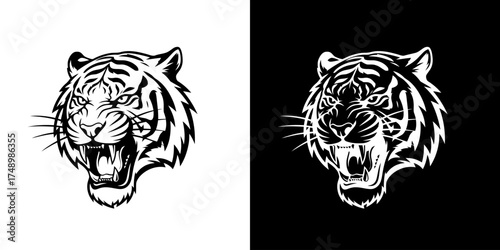 A fierce tiger head illustration with its mouth open, depicted in a bold black and white graphic style.