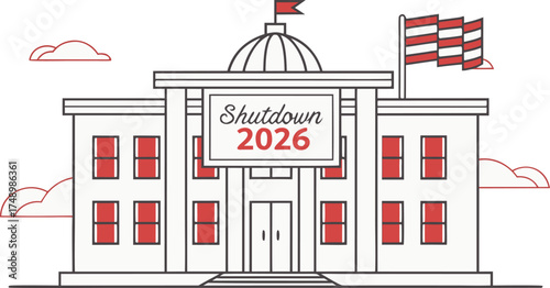 Government Building Shutdown: A stark illustration depicting a government building with Shutdown 2026 displayed prominently, symbolizing closure or a period of inactivity.