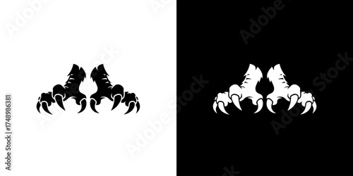 A symmetrical graphic design featuring two sets of sharp, black, clawed animal feet against a white background and a white background with black clawed animal feet.