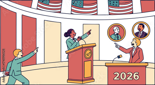 Political Discourse and Debate: A stylized depiction of a political debate, featuring figures engaged in discussion, disagreement, and the exchange of ideas, symbolizing democracy, civic engagement.