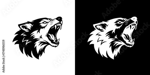 A fierce black and white illustration of a wolf's head with its mouth open in a snarl, set against contrasting backgrounds.
