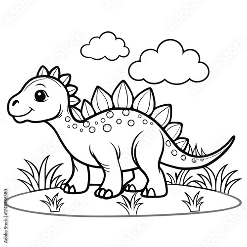 Coloring Page Depicting a Kentrosaurus Roaming in a Grassy Field of a Prehistoric Era