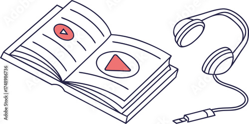 Audio Guide: An open book with audio icons and a modern headphone alongside, perfect for conveying information with ease.