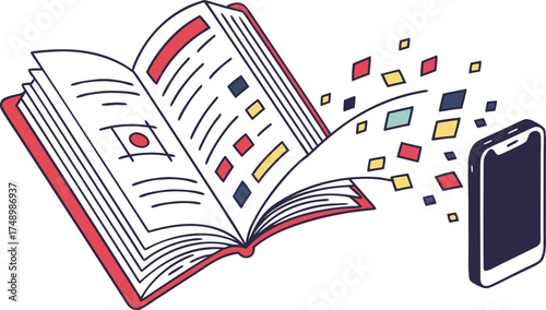 Knowledge Transfer: A vibrant illustration depicting a book transforming information into a sleek smartphone, symbolizing the modern exchange of knowledge and ideas in the digital age.