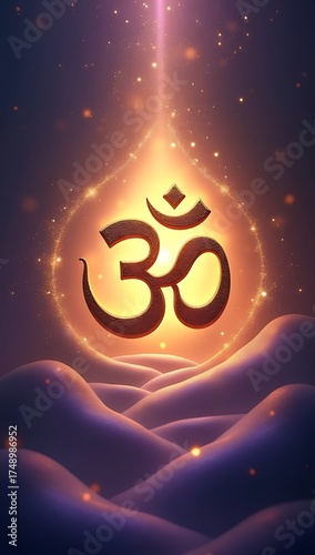 Golden glowing Om symbol floating in radiant light, surrounded by soft waves of energy and cosmic patterns representing Hindu spirituality and meditation.
