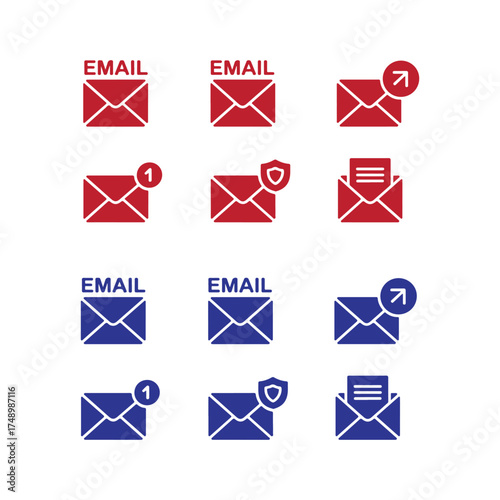 Collection of email icons representing new messages, security, and outgoing mail in red and blue.