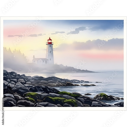 Wallpaper Mural Coastal Beacon - A Lighthouse Amidst Rocky Shores at Dawn. Torontodigital.ca