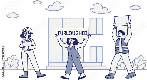 Furloughed Protesters: A group of laid-off workers protests, holding signs of the 'furloughed' as they rally in front of the building, and clouds in the sky.