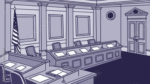 Courtroom Illustration: An artistic representation of a courtroom interior, featuring architectural elements, seating arrangements, and the iconic American flag.
