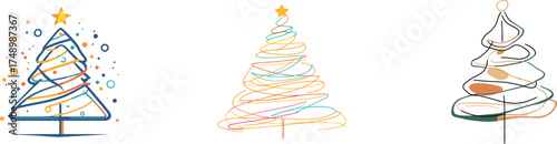 A single black line is used to draw a beautiful orange-green Christmas tree in the minimalist graphics