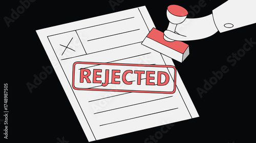 Rejected Document: A hand stamps a Rejected mark onto a document, symbolizing denial, disapproval, and administrative refusal in a formal, straightforward presentation.