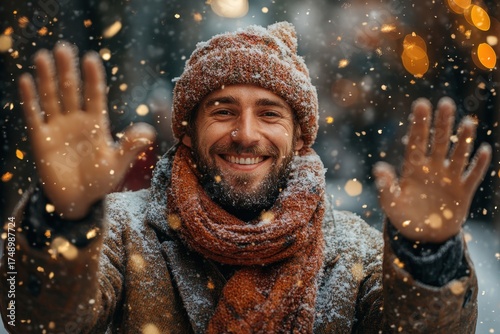 Smiling man in winter clothes with hands up.