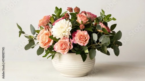 Wallpaper Mural Elegant Floral Arrangement with Peach and White Roses, Dahlia, and Green Foliage in a Neutral Ceramic Vase 4k video footage Torontodigital.ca