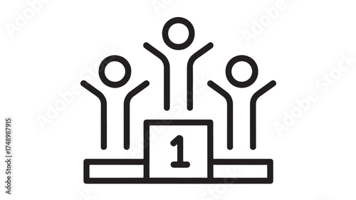 Three stylized figures celebrating victory on a winner's podium with the number one prominent.