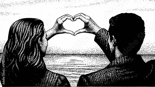 Romantic couple making heart shape with hands overlooking the sea creating a feeling of love