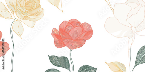 A contemporary collection of single-line art flowers, including interconnected monoline plants, roses, leaves, and branches, suitable for blossom logos and minimalist illustrations, presented in a