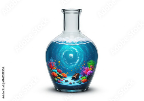 Glass bottle filled with vibrant underwater coral reef scene and clear liquid