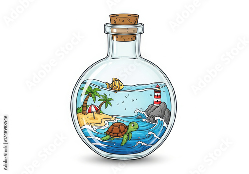 Miniature tropical island scene inside a glass bottle with cork stopper