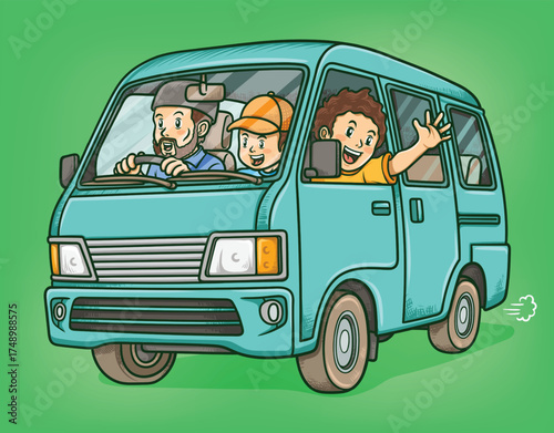 Happy Father and Son Road Trip Adventure Driving Teal Minivan Cartoon