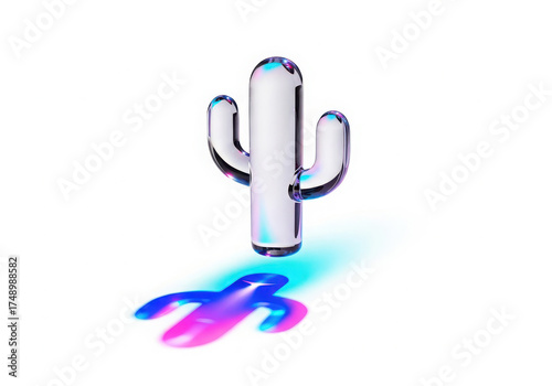 Clear glass cactus sculpture casting a vibrant colorful shadow on white background