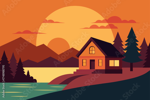 Cozy cabin nestled by a lake at sunset with mountain backdrop