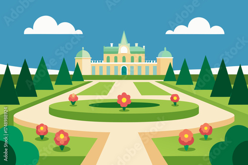 Flat design illustration of a grand estate with formal gardens and manicured trees