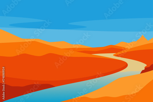 Vibrant desert landscape with winding river and blue sky