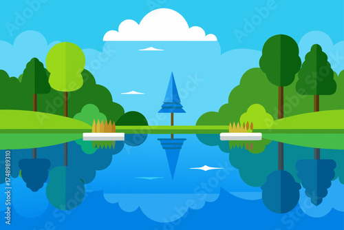 Flat design landscape with a lake and trees reflected in water