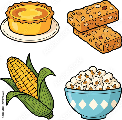 A cartoon collection of cornbased foods custard tart granola bars corn on the cob and popcorn.