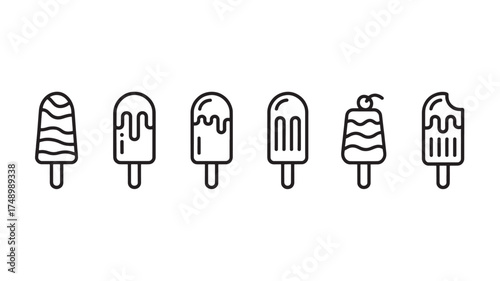 A collection of stylized ice cream popsicles with various toppings and patterns