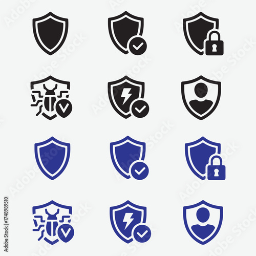 Collection of shield icons representing security, protection, and safety in digital and physical realms