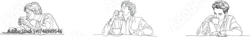People drinking coffee are illustrated in a continuous one-line drawing, characterized by their delicious gestures