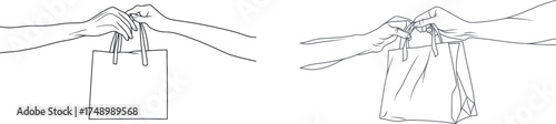 The image of a hand giving a grocery bag is created through a continuous one-line drawing, highlighting the eco-friendliness of the shopping bags that can hold different kinds of food, thus aiding in