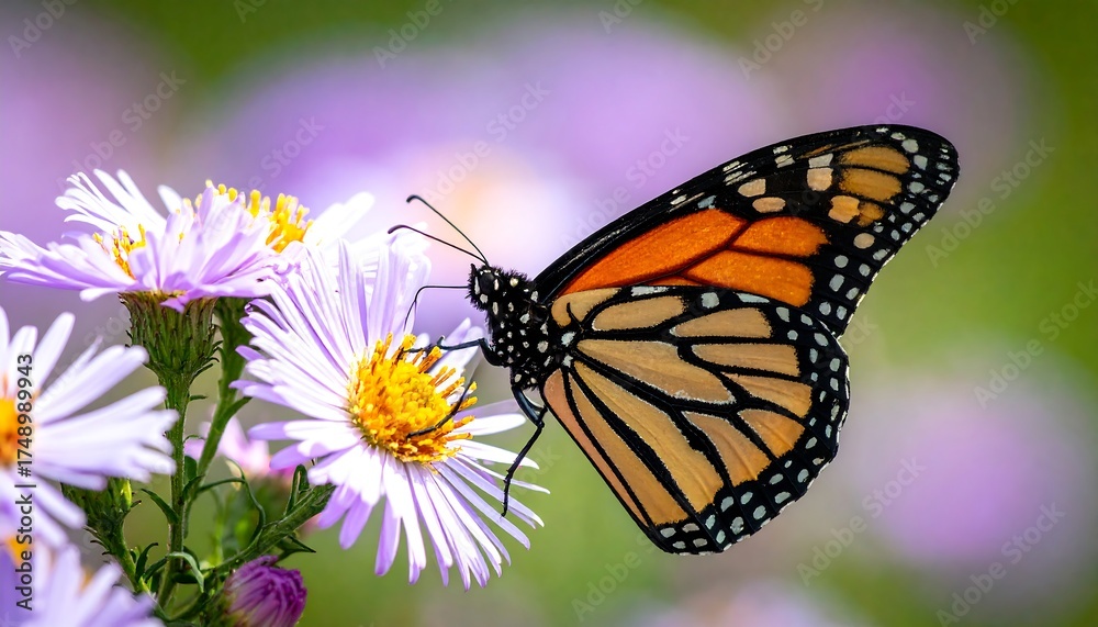 Fototapeta premium A majestic monarch butterfly resting on delicate purple flowers