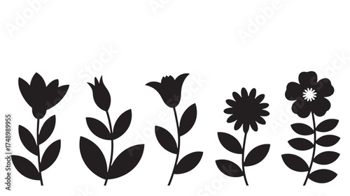 Simple black silhouettes of diverse flowering plants on a white background.