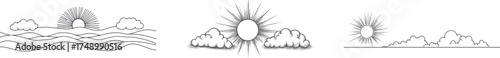 In a single-line sketch, the sun and clouds are continuously drawn to form a sun contour sign that represents a sunny summer travel concept