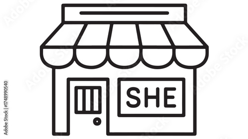 Charming storefront illustration with an awning and the word "SHE" on the window