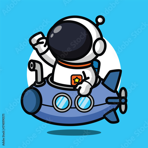 Cute Astronaut Driving Submarine Illustration for Space Cartoon Character and Underwater Exploration Concept