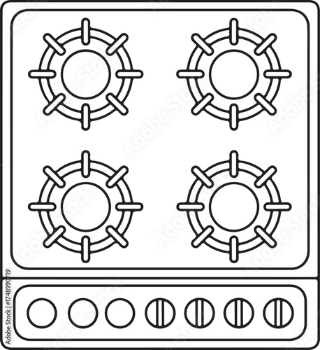 Top view outline drawing of a four burner gas stove with control knobs