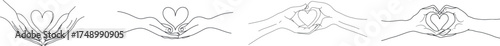 The modern illustration showcases a hand holding two hearts, created using a continuous line drawing technique
