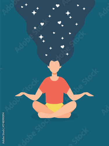 Meditation and mental wellness concept. Woman in lotus pose, with hair flowing into a starry, heart-filled night sky, symbolizing inner peace and spiritual health. Mindfulness, self-care, yoga