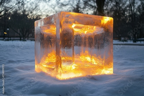 Square ice block with lit candle inside.