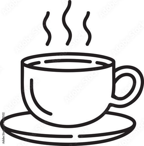 Simple line art illustration of a steaming hot cup of coffee on a saucer