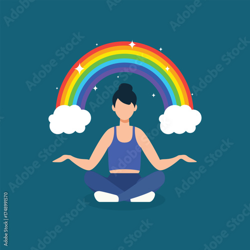 Woman meditating peacefully under a bright rainbow. Flat vector illustration for inner peace, mental health, yoga, and emotional happiness concepts. Wellness and self-care