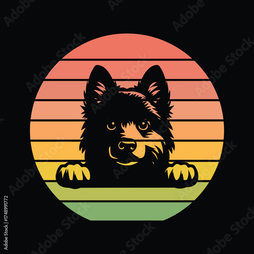 Norwegian Elkhound Dog Peeking Sunset Vintage Retro Dog Lover