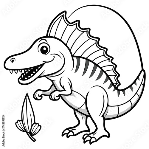 Printable Coloring Page Depicting a Mighty Spinosaurus Fishing in a Prehistoric River