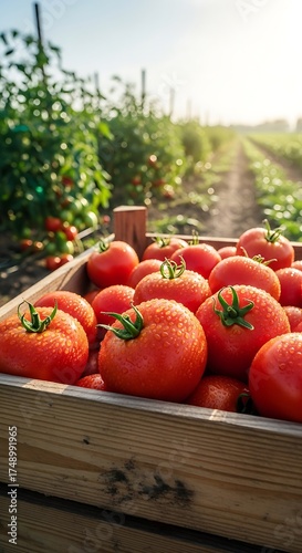 Freshly Harvested Tomatoes in a Wooden Crate at the Farm.